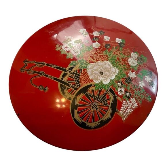 Vintage Retro Bento Box Red Enamel Floral  3 Pieces Lid and Holder - Picture 7 of 14